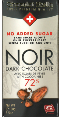 Швейцарски шоколад Stella без захар - Екстра черен 72% с какаови зърна